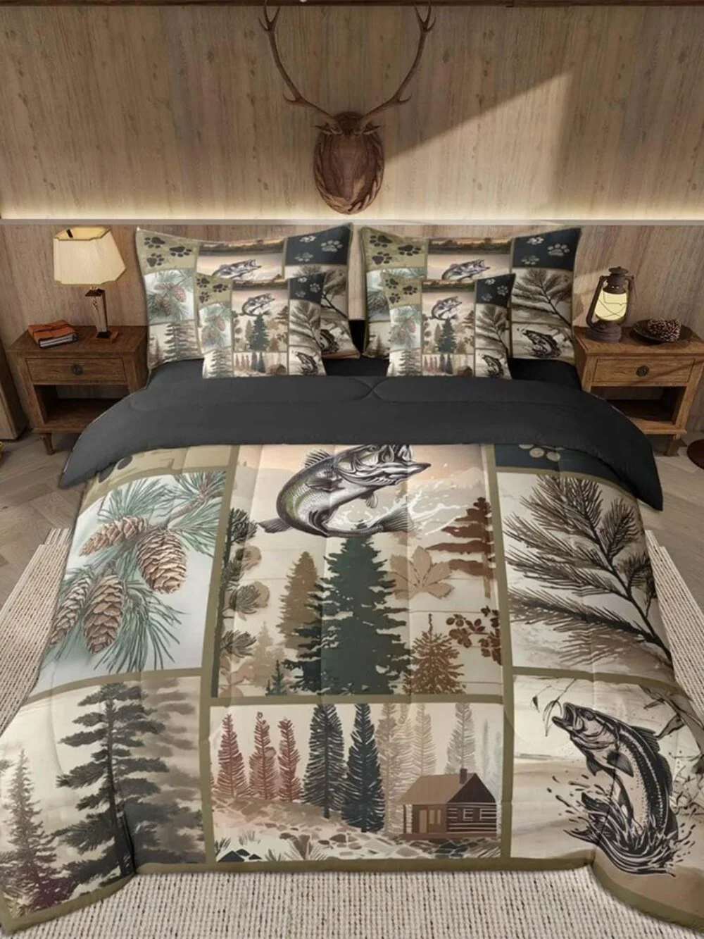 Fish Comforter Set with Sheets 7 Piece Queen Size Hunting Fishing Theme Bed in a